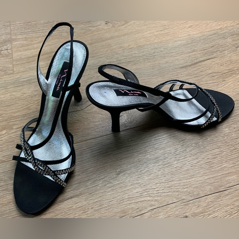 NINA Black Satin Rhinestone Strappy Sandal